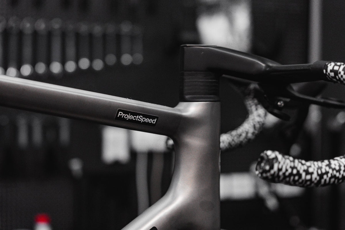ProjectSpeed label on the top tube of a Sasaye titanium road frame