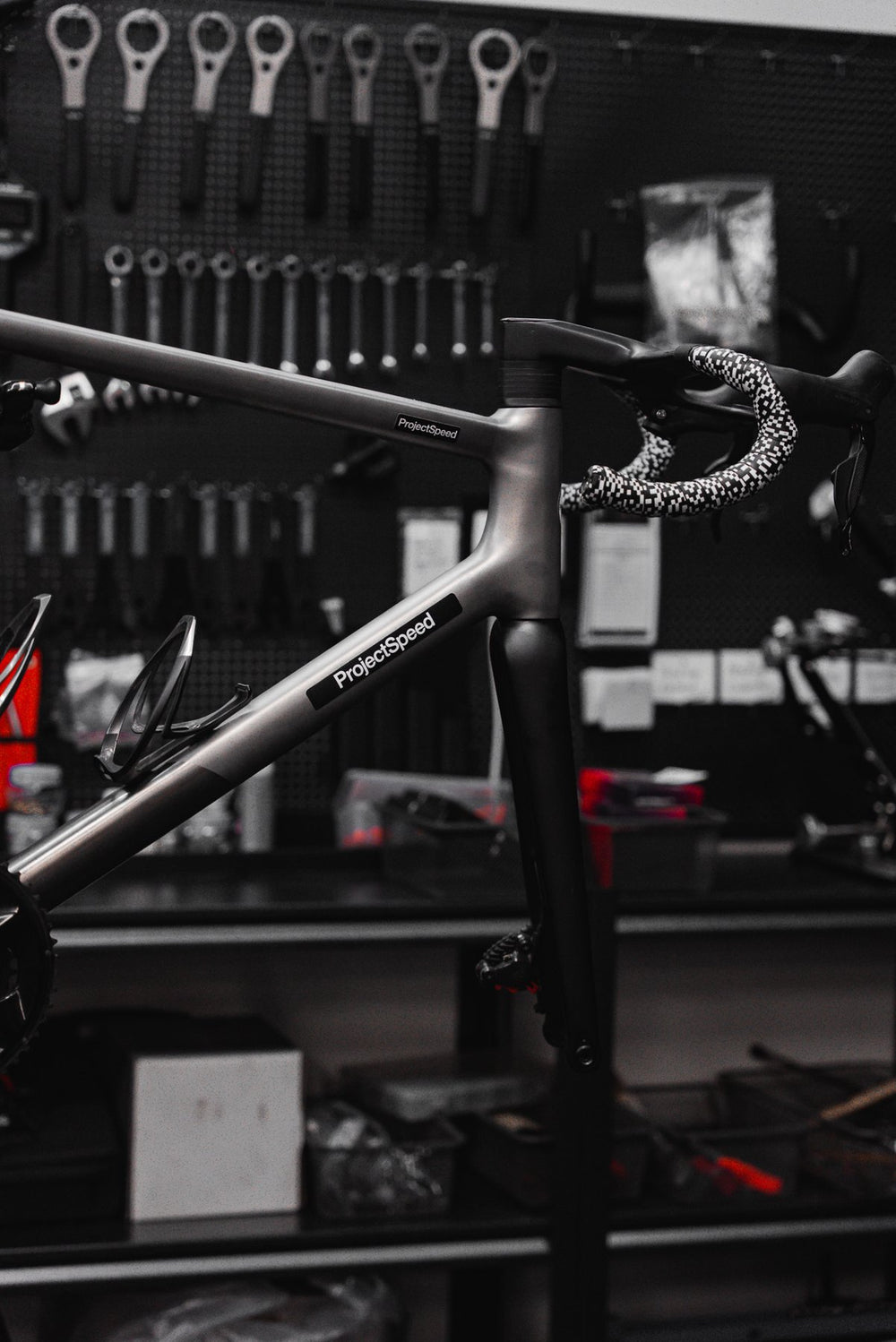 Front of the Sasaye titanium frame showing ProjectSpeed labels on the top tube and down tube